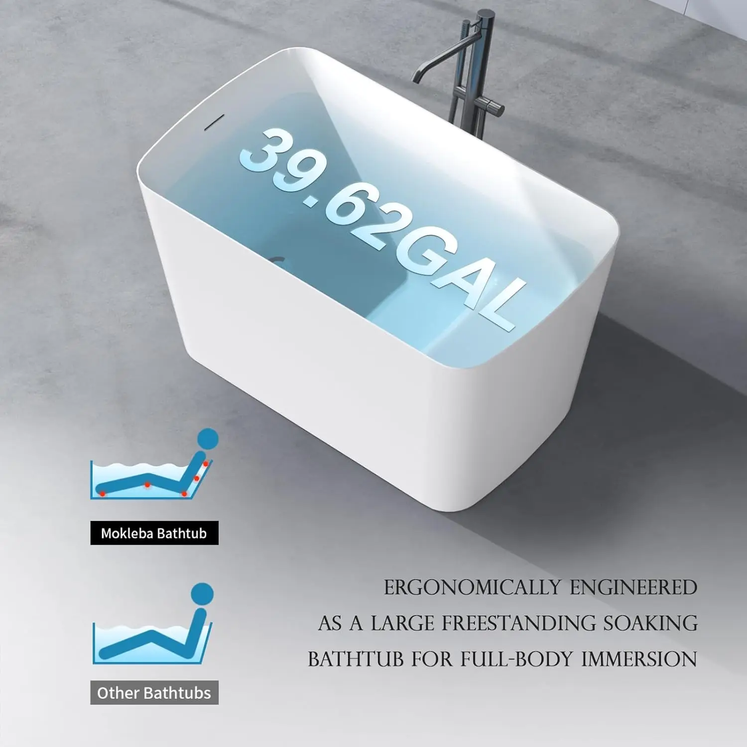 47 inch Lucite Acrylic Freestanding Bathtub Square Shape Soaking Tub with Seat Desgin Toe tap Chrome Right Drain Glossy White 6