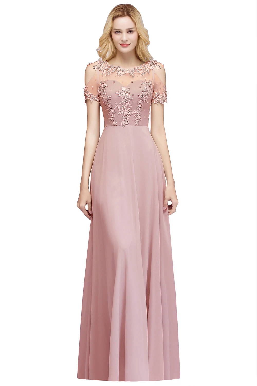 Pink Bridesmaid Dress Pearl Beads Illusion Short Sleeve Boho Wedding Party Guest Gowns Chiffon A Line Dresses Women bridesmaid dresses