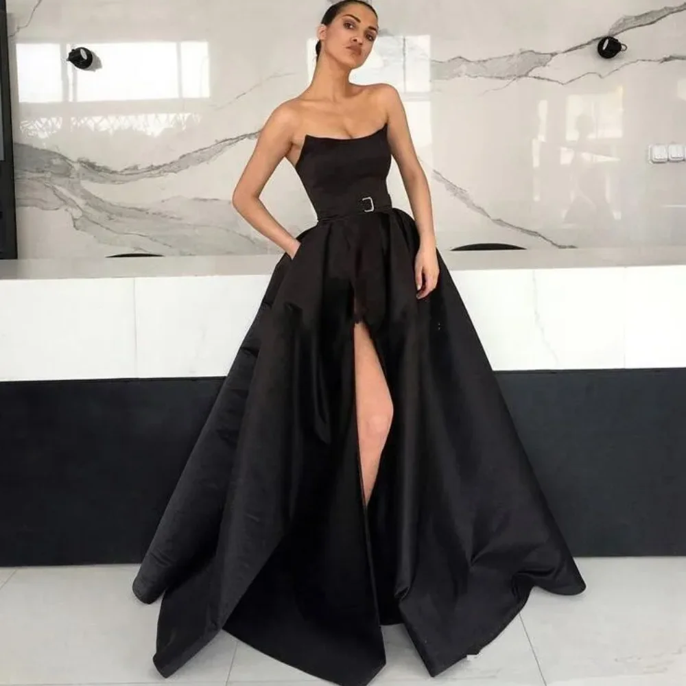 

Sexy Black Cheap A Line Evening Dresses Long Strapless High Split Dress Evening Wear Formal Dress Abendkleider Vestido De Fiesta