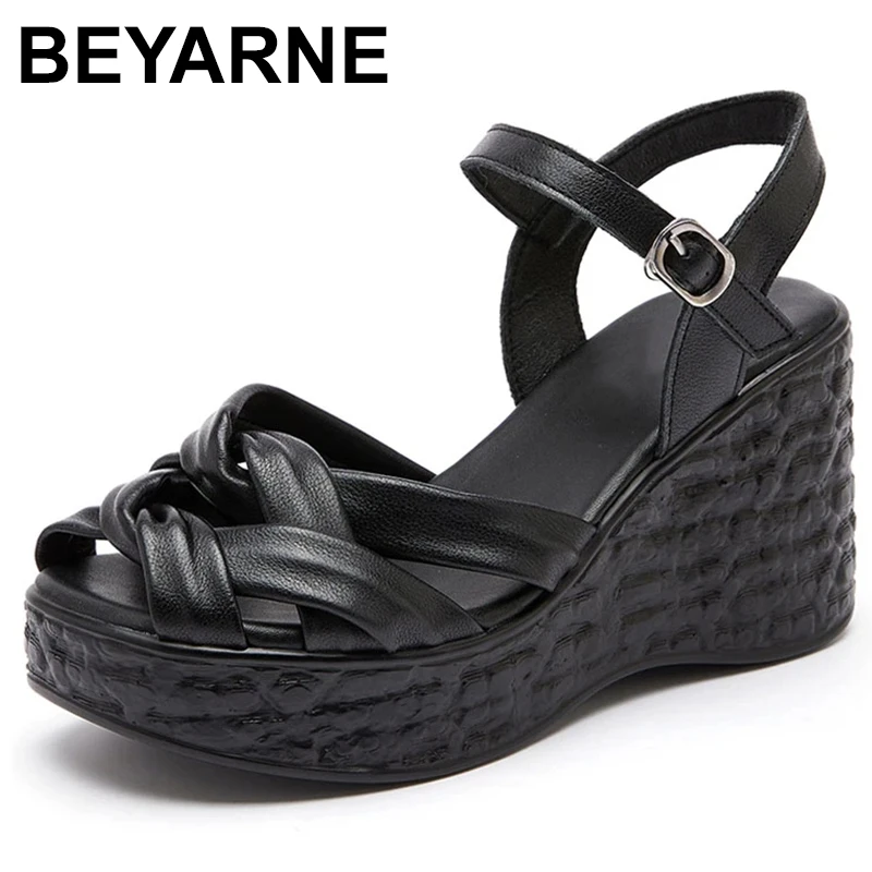 

Wedge Heel 8cm Hot Sale Cow Genuine Leather Summer Sandals Classic Pump High Heels Platform Women Fashion Ladies Shoes