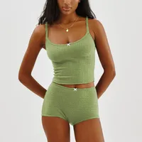 Hirigin-Ensemble de pyjama en coton pour femme, manches longues, bretelles spaghetti, haut court en tricot, short avec batterie, vêtements de nuit monochromes, 2 pièces 4
