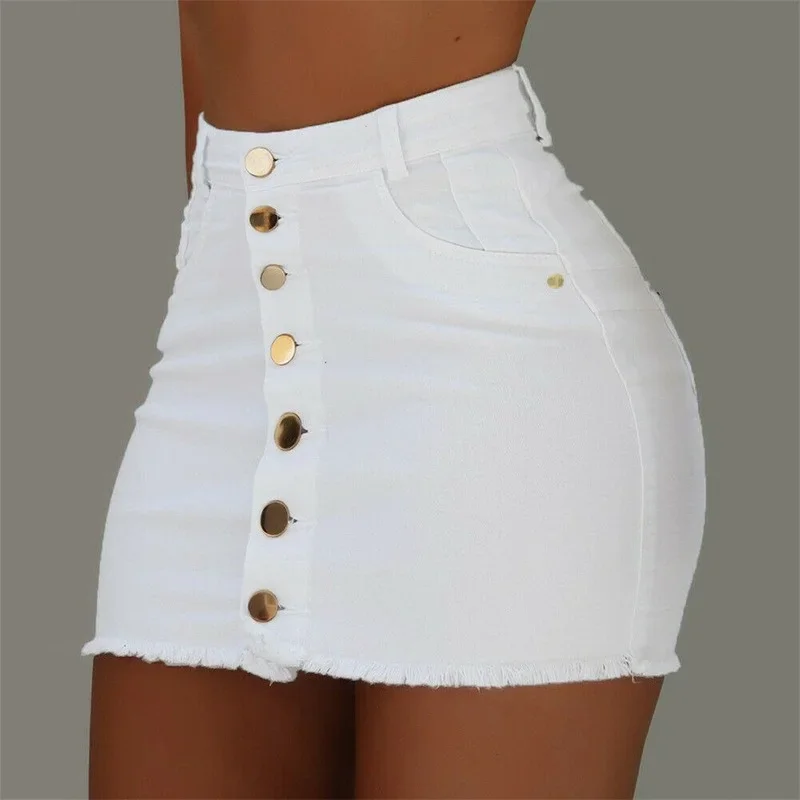 Women's Solid Fashion Casual Sexy Elegant Pencil Short Skirts 2023 Button Ripped Denim High Waist Bodycon Slim Flit Mini Skirt