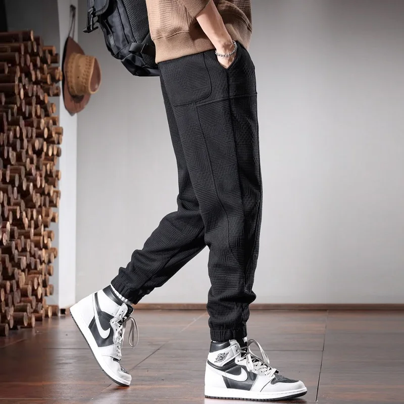 Autumn Black Elastic Waist Pants Men Casual Baggy Pencil Pants Streetwear Clothing Korean Style Drawstring Jogging Trousers