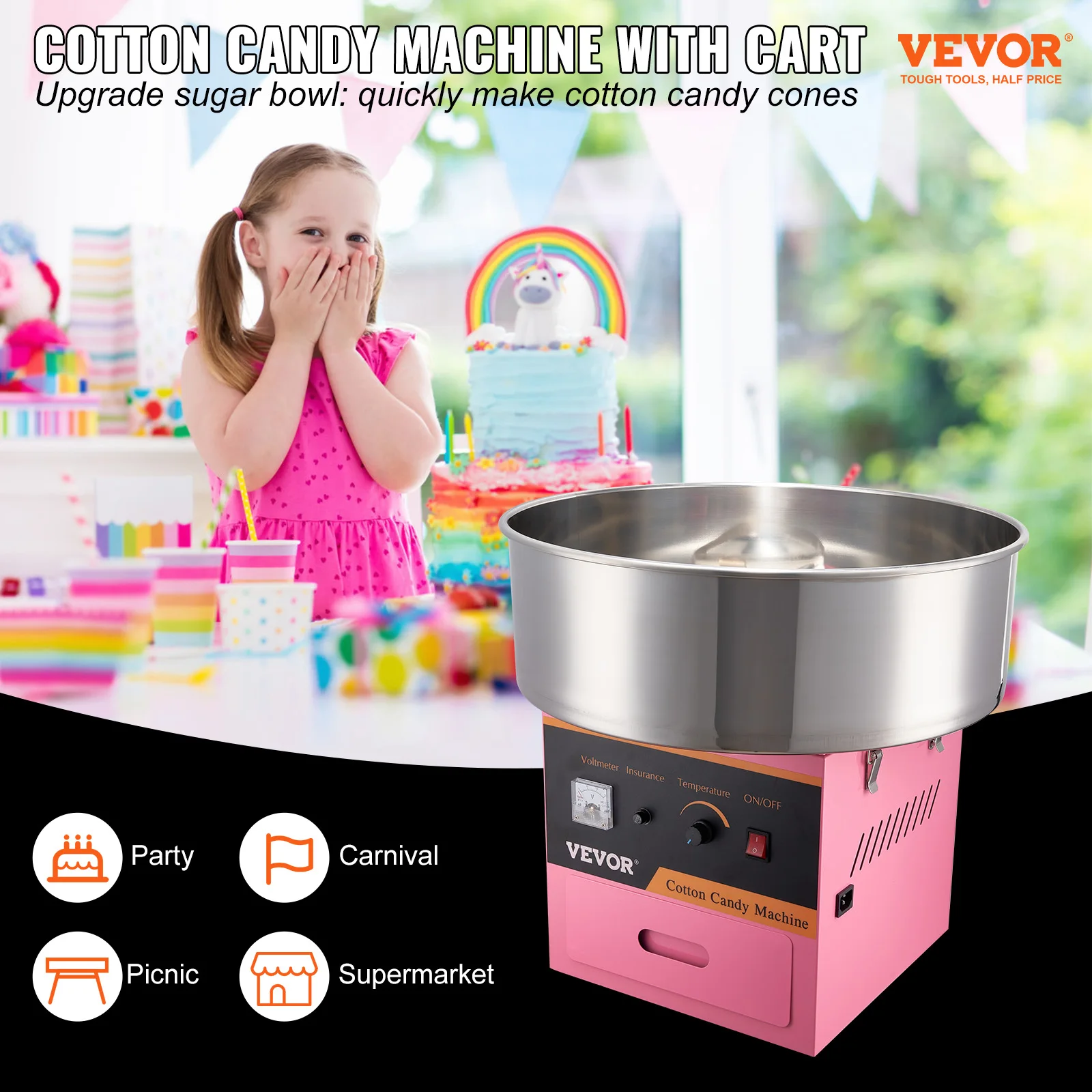 VEVOR Electric Cotton Candy Machine Commercial Floss Maker with Stainless Steel Bowl Sugar Scoop and Drawer For Birthday Party