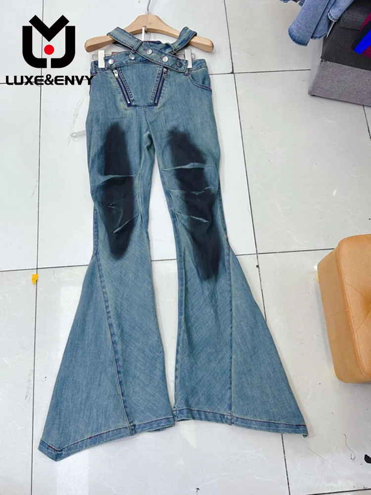 

LUXE&ENVY Cross Cut Open Waist Double Zipper Placket Tie Dyed Flare Jeans