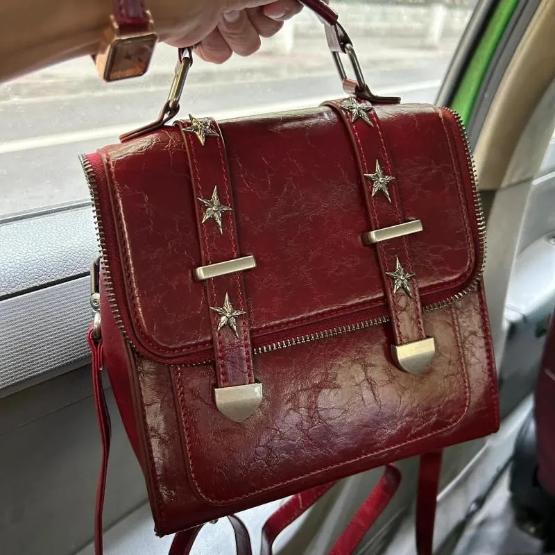 JIAERDI Retro Red Backpack Women Studded Leather Textured Square Backpack Ladies Academy Style Lightweight Mochilas Mujer 2025