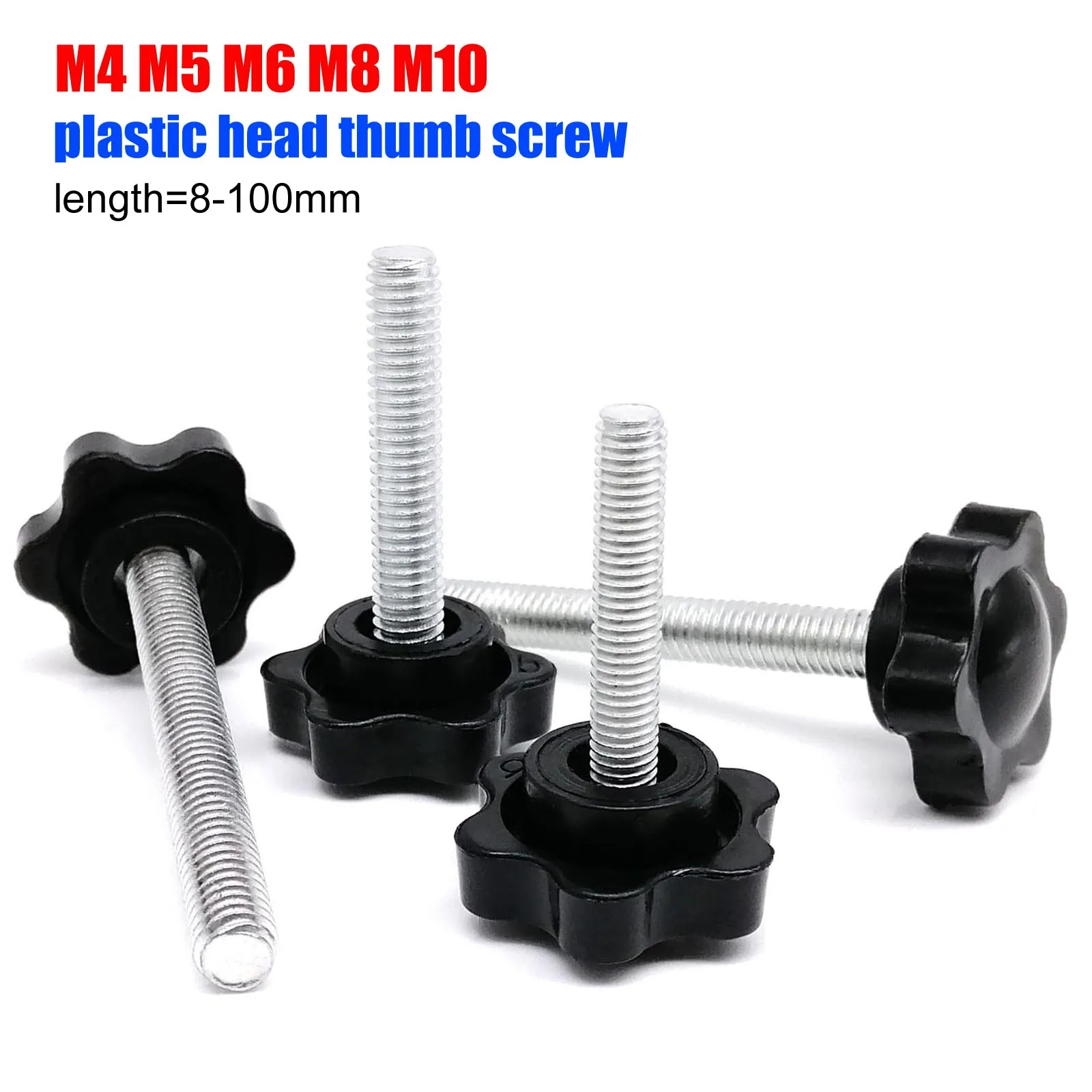 Set of Black Plastic Hand Tighten Thumb Screws with Six-Lobe Head - Adjustable Clamping Bolts (8-100mm Length)