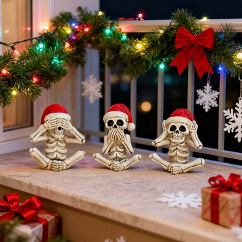 3-Piece "No Evil" Skeleton Santa Set – Funny Gothic Christmas Figurines