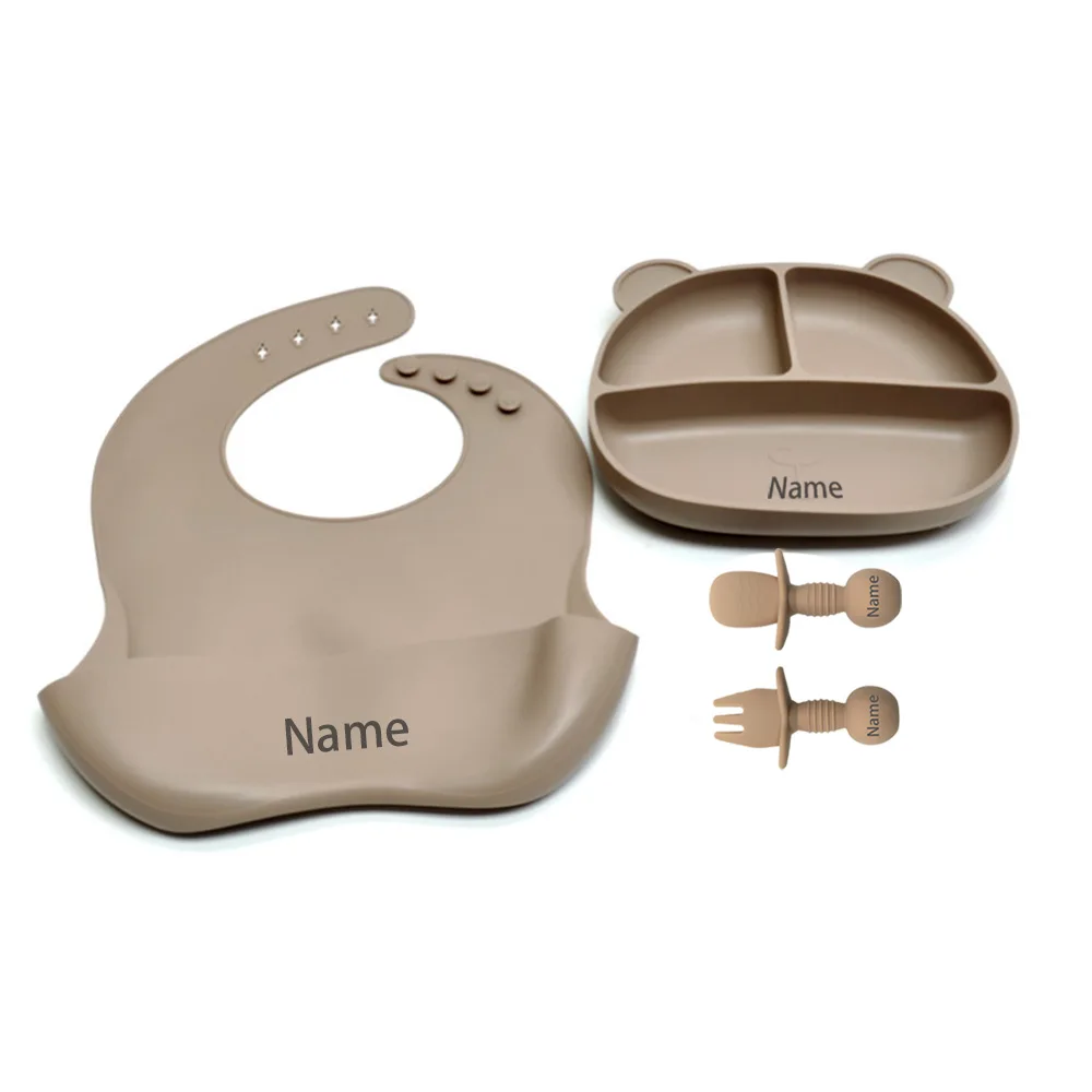 4PCS Children's Tableware Set with Free Name Printing Personalized Silicone Tableware Unique Gift for Boys And Girls
