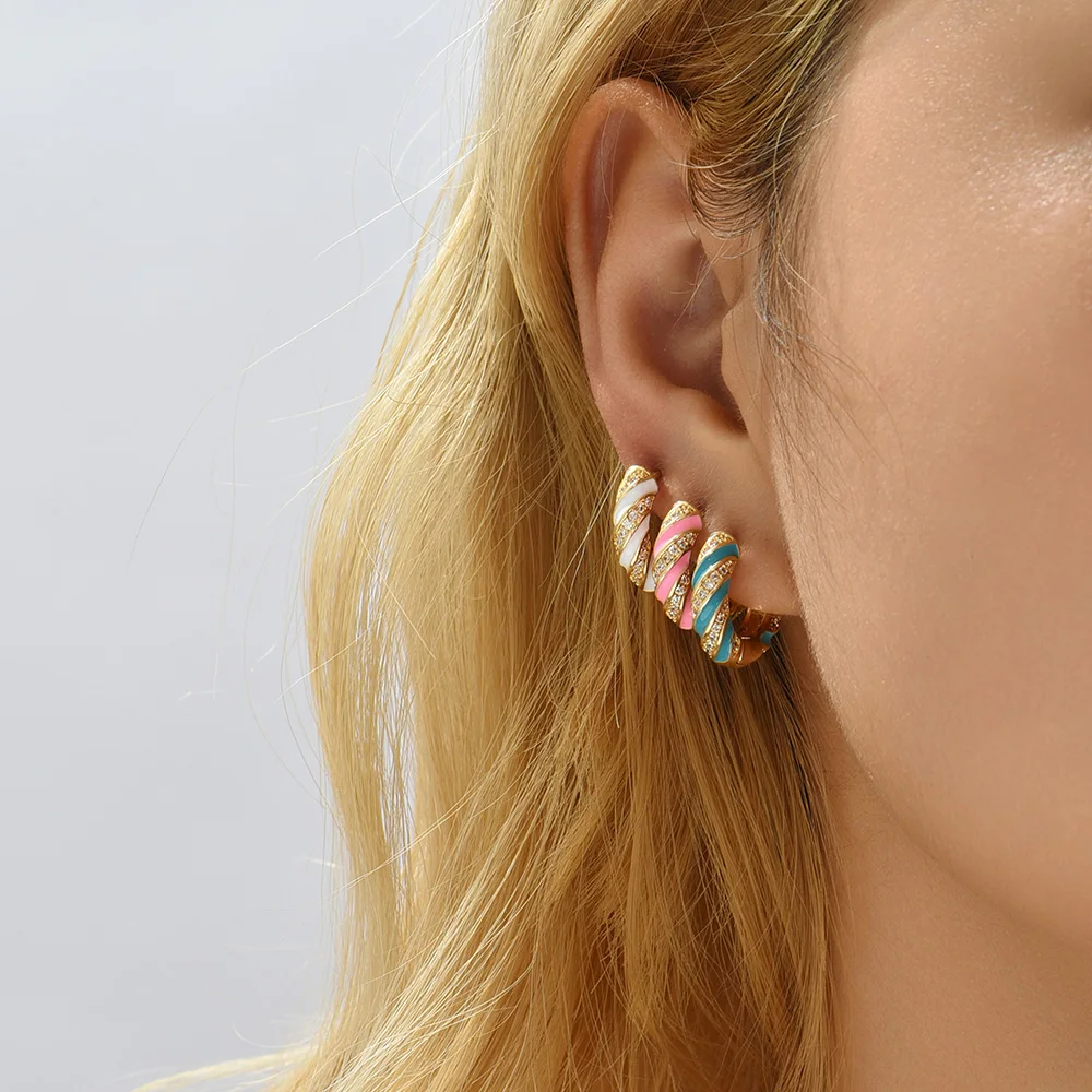 Trendy Colorful Enamel Twist Round Hoop Earrings Set Small Geometric Star Square CZ Zircon Huggies Ear Buckle Jewelry for Women