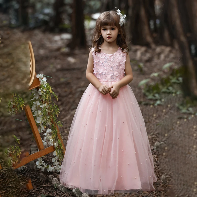 

Sleeveless Floral Accents Flower Girl Dress Beaded Pearls Wedding Christmas Gown for Kids A-line Tulle First Communion Gowns