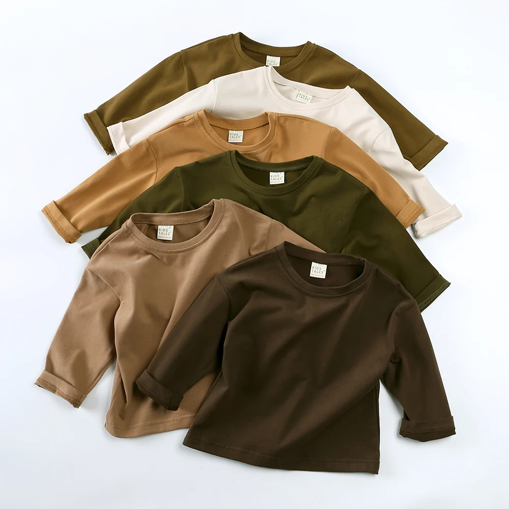 2025 Autumn Kid Boys T-shirt Solid Cotton Long Sleeve Basic Infant Girl Top Korea Teenage Children Undershirt Clothing 9M-7T 2
