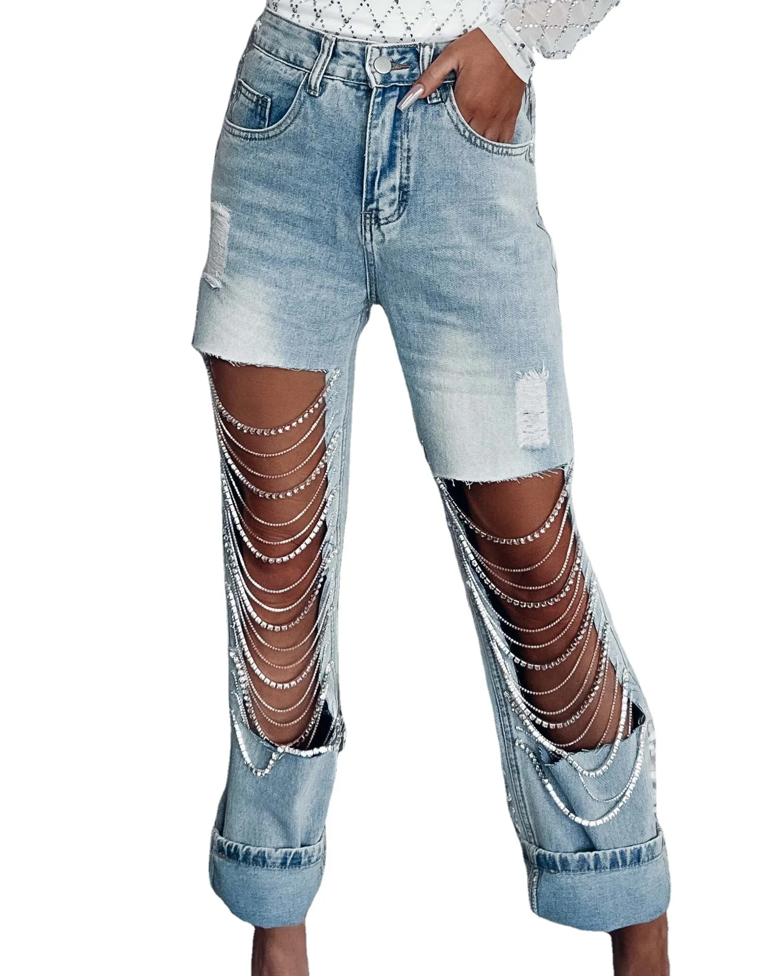 

2023 Autumn New Women Jeans Chain Straight Pants Ripped Cut Out Blue Jeans for Women