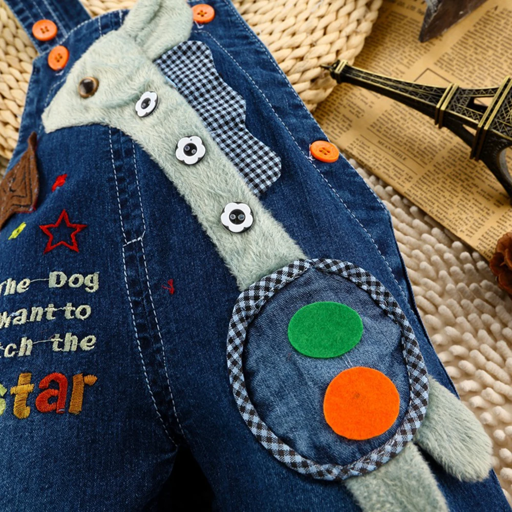 Kidscool Baby Summer Cotton Denim 3D Long Neck Dog Short Overalls