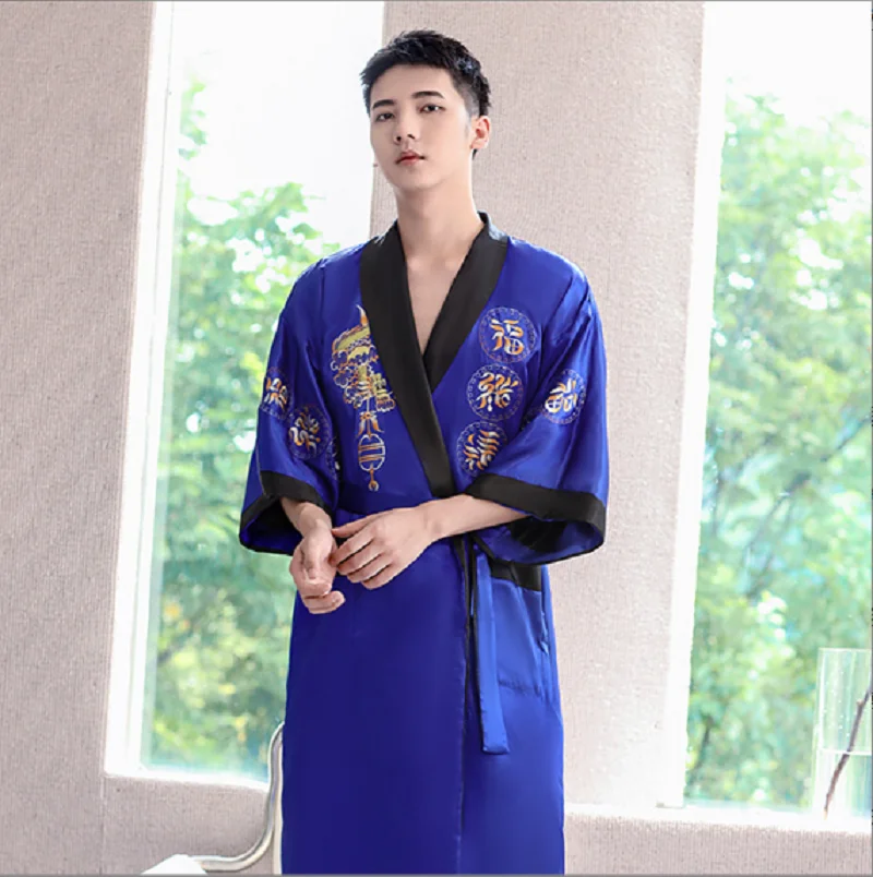 Hot Selling New Spring Chinese Style Men's High Quality Satin Silk Two-face Robe Embroidery Dragon Loose Kimono Bath Gown