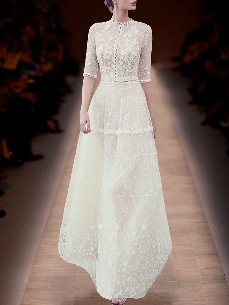

PEIRESA Runway Luxury Design High-end White Evening Dress Women Embroidery Lace Hollow Out Stand Collar Half Sleeve Maxi Dresses