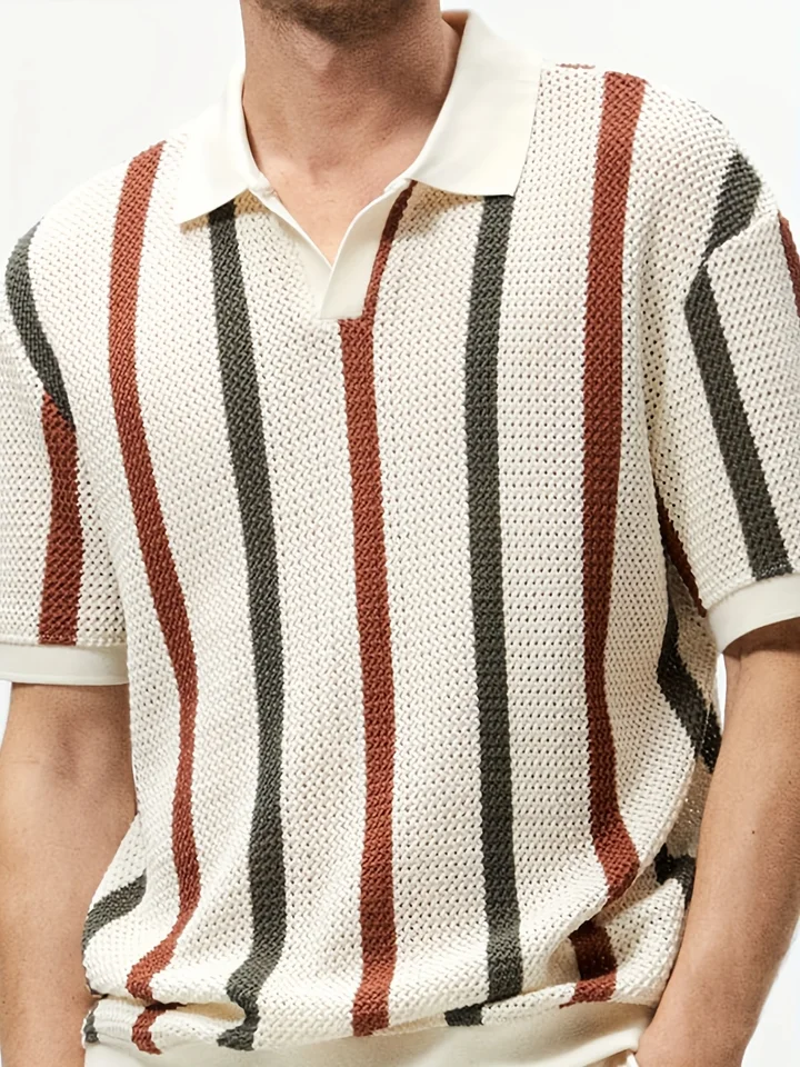 Men's Summer Chunky Knit Striped Polo Shirt