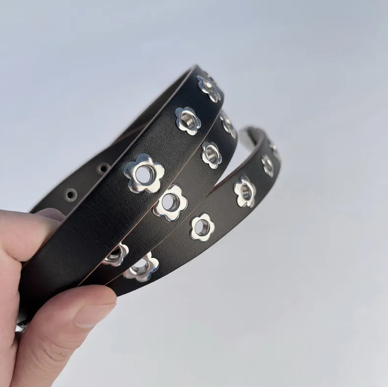 Women Rivet Embellished Leather Belt Black Flower Stud Belt Floral