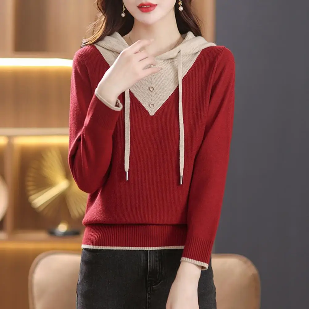 

Облегающий свитер, уютный свитер с капюшоном на шнуровке для женщин, вязаный пуловер в стиле пэчворк, плотный теплый зимний свитер