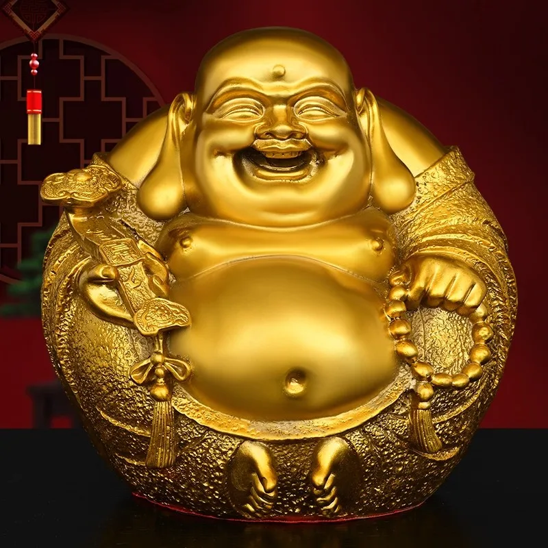 Solid Brass Laughing Buddha Statue, Smiling Maitreya Buddha Figurine for Good Luck & Harmony, Home Office Zen Decor