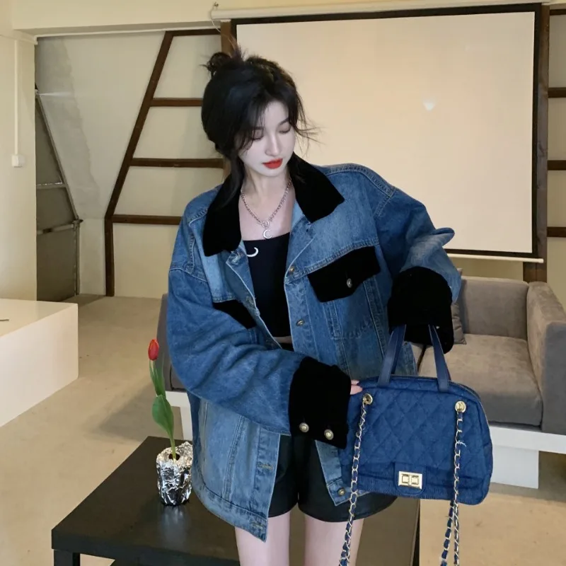 Denim Jacket Women Autumn and Winter Contrasting Lapel Patchwork Jacket Long Sleeved Top