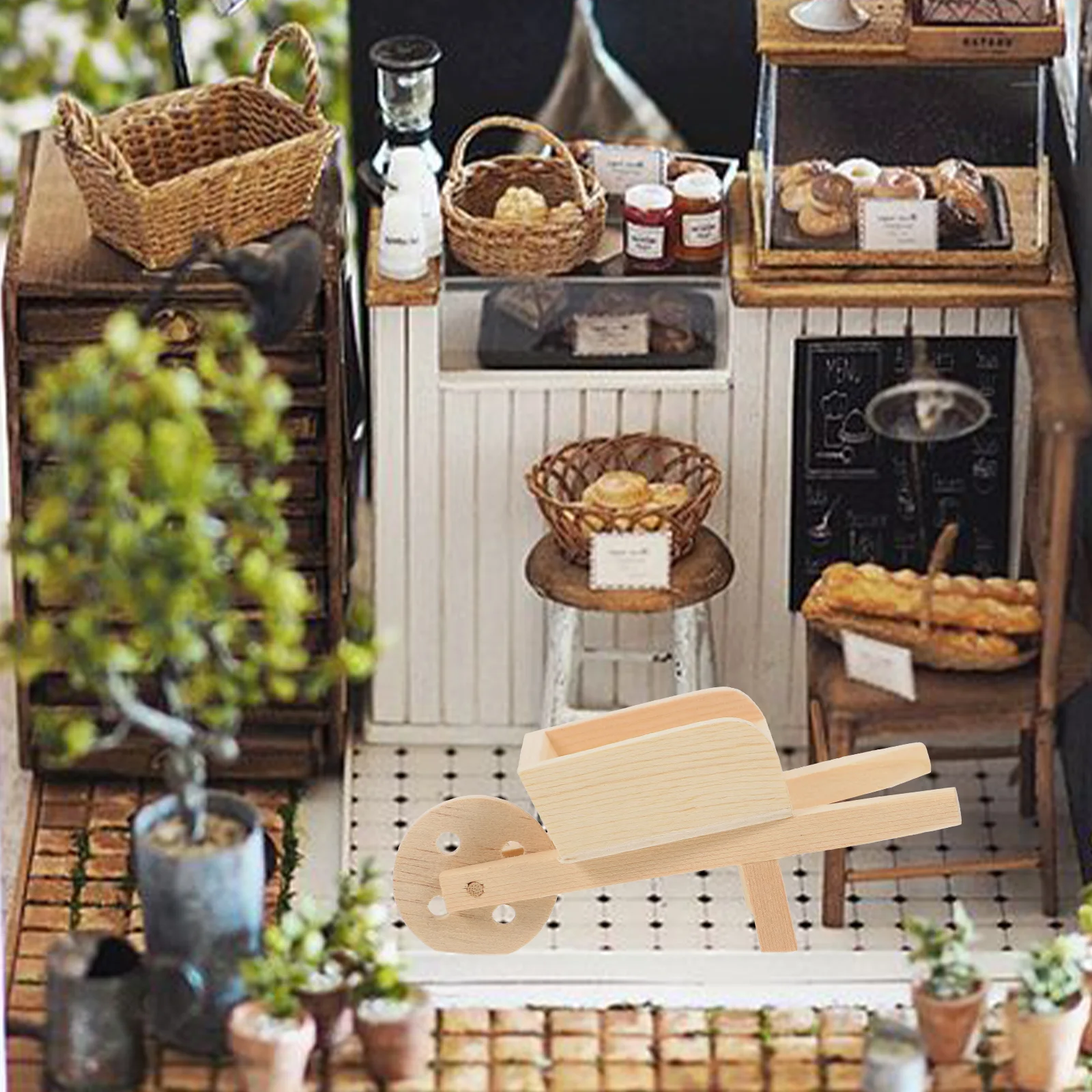 1Pc Mini Cart Model Wood Toy Farm Wheelbarrow Garden Trolley Decor Micro Landscape nament Miniature Display Simulation Outdoor