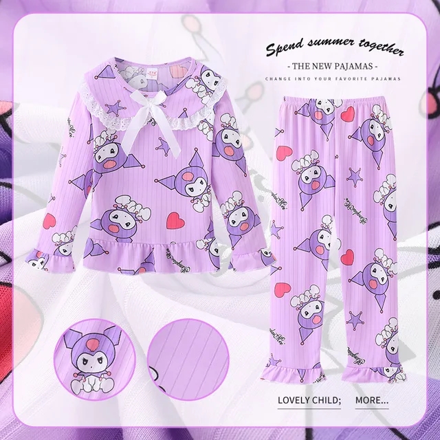 Spring Autumn Girls Pijamas Set Kawaii Sanrioed Kuromi Kids Sleepwear Cute Anime Long Sleeve Home Clothing Summer Children Gifts