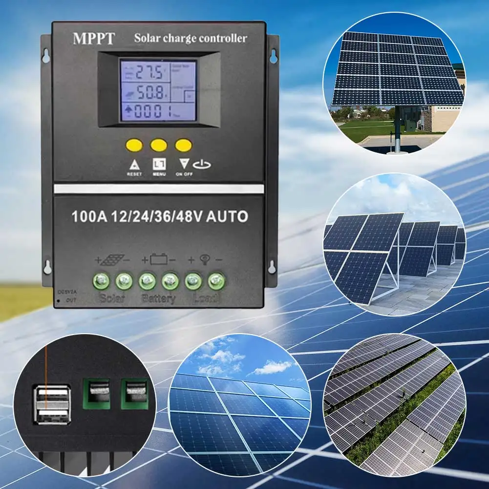 100A MPPT Solar Charge Controller Intelligent Regulator LCD Dual USB 12V/24V/36V/48V for Lead-Acid Lithium Solar Panel Battery ﻿