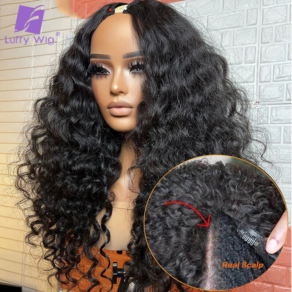 V자형 가발 루즈 딥 웨이브 200% 밀도 인모 글루리스 노 리브 아웃 업그레이드 U자형 가발 풀 헤드 클립인 하프 가발