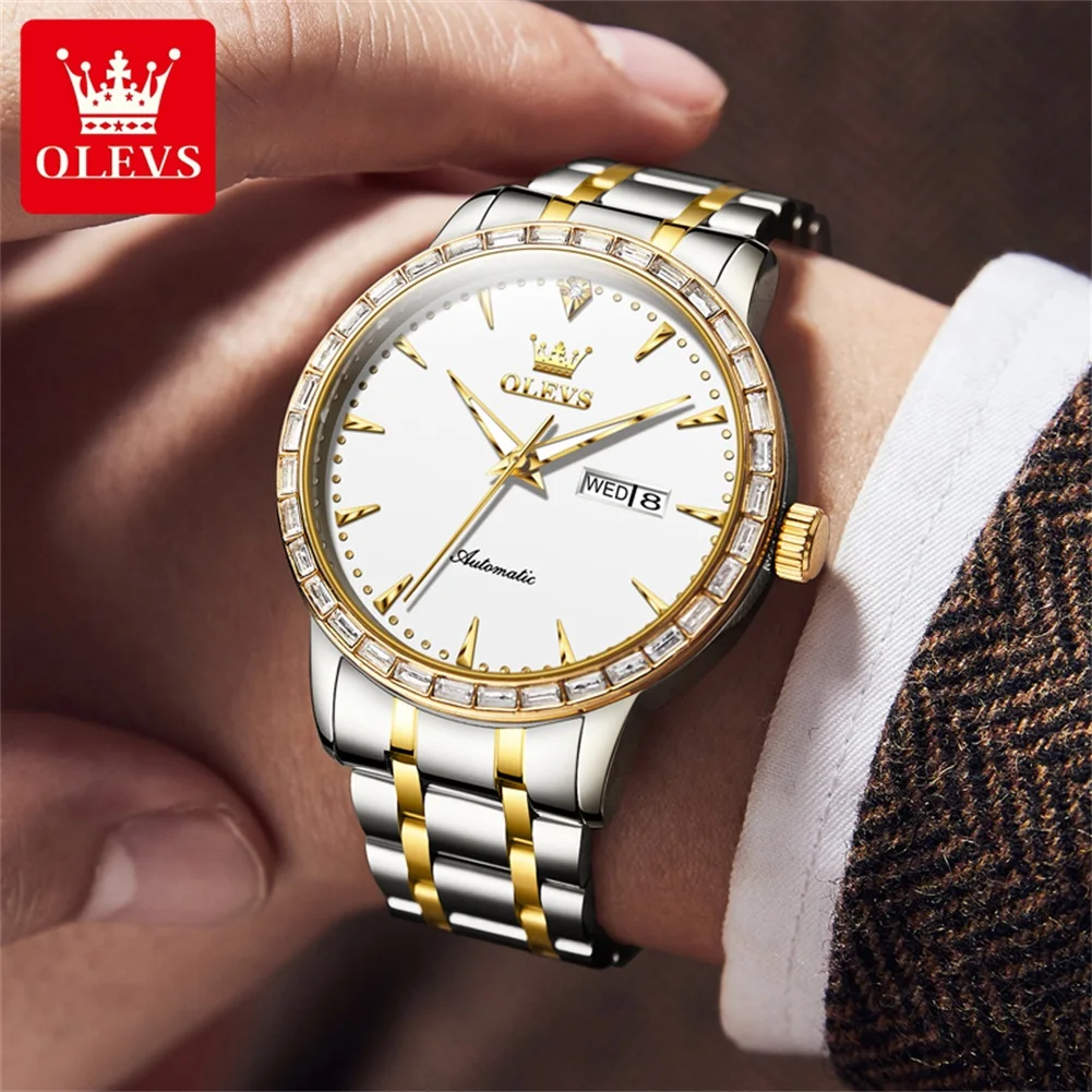 OLEVS 7019 New Dual Calendar Automatic Watch For Men Top Brand Waterproof Mechanical Wrist Watches Auto Date Business Hand Clock