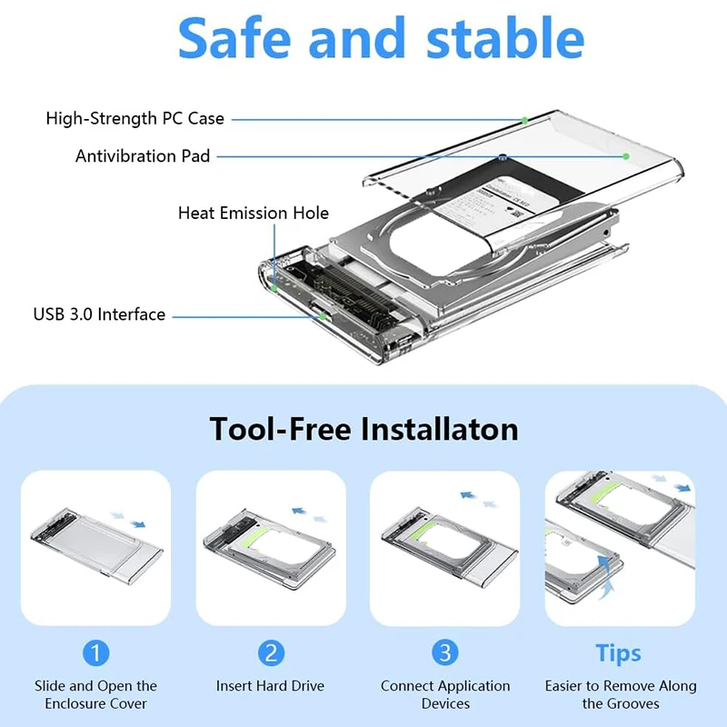 USB 3.0 외장 하드 드라이브 케이스 2.5인치 SATA to USB 3.0 투명 휴대용 하드 드라이브 케이스 4TB HDD 무공구 하드 디스크 박스
