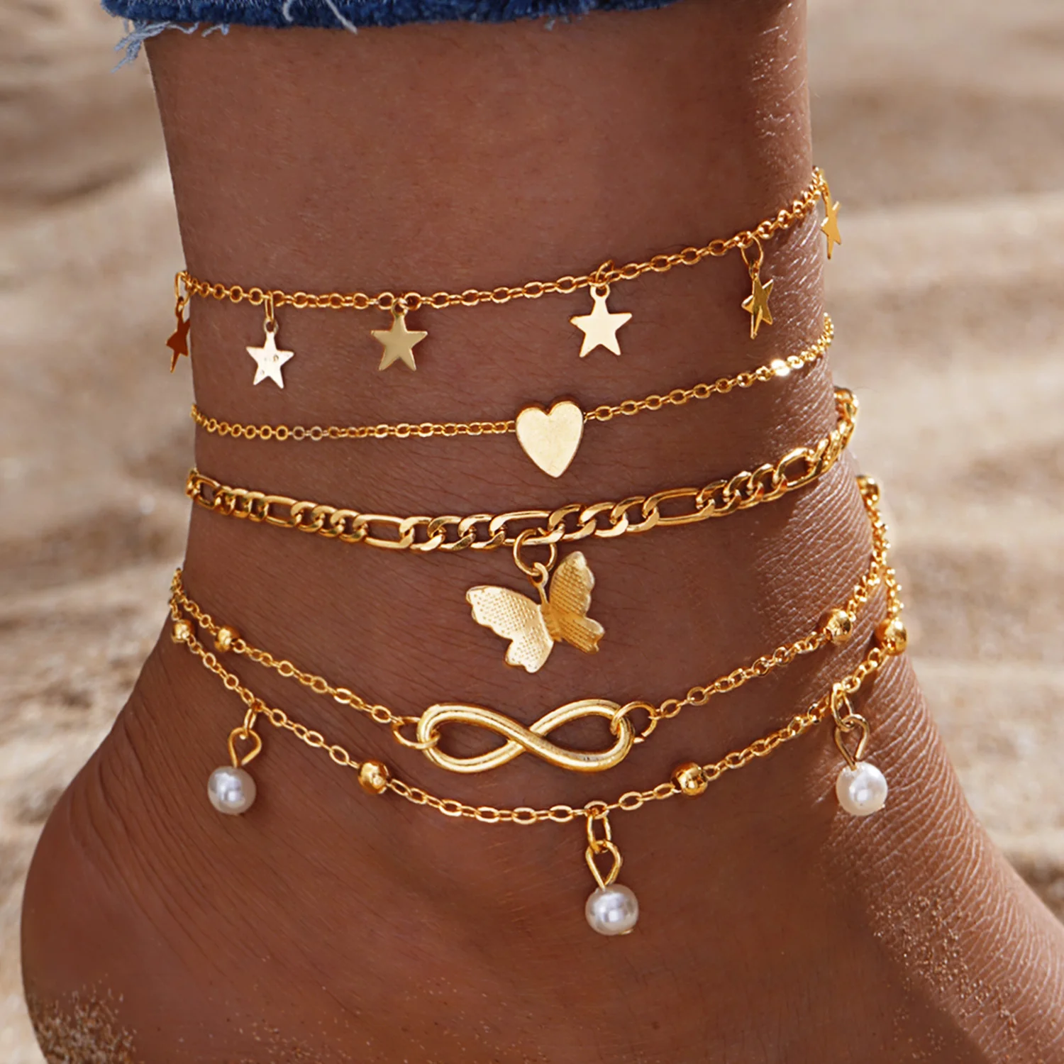 New Elegant Boho Beach Gold Color Anklet Set for Women Vacation Casual Infinity Pearl Heart Butterfly Pendants Foot Jewelry 2025