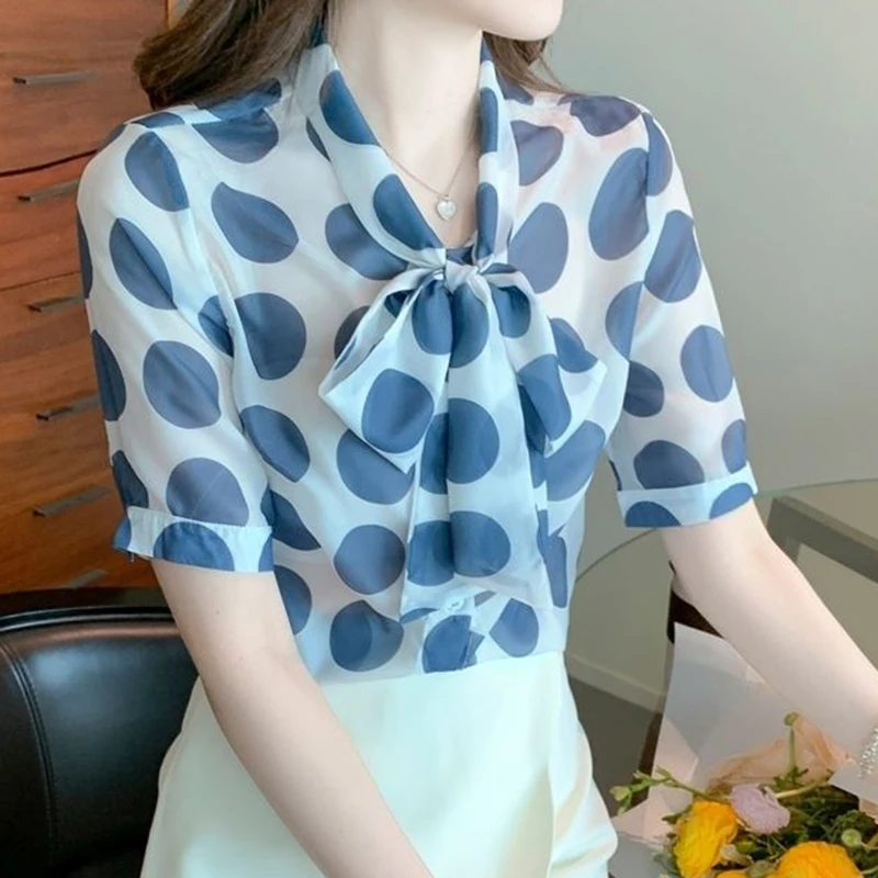 

2022 summer new Korean retro point bow lady chiffon shirt top women blouse tops Print Casual Regular Microfiber Chiffon