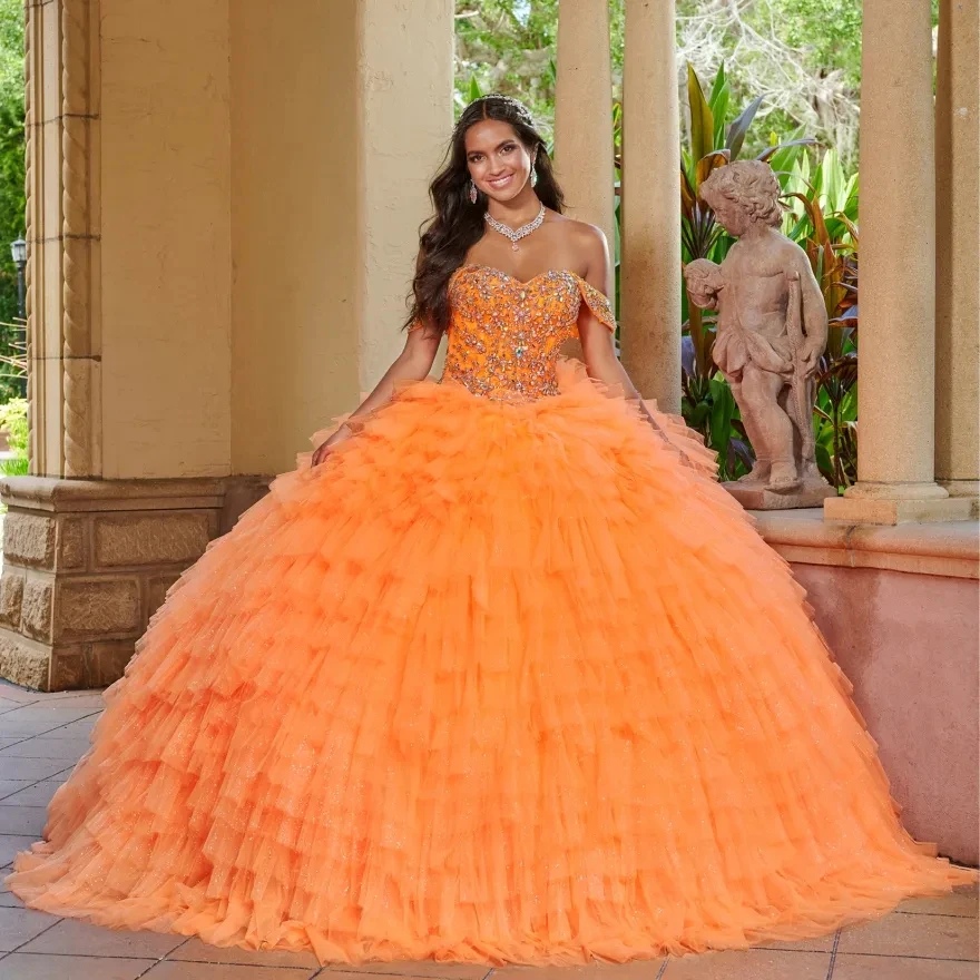 

Young Infinity Orange Quinceanera Dress 2024 Princess Beading Sequins Ruffles Sweet 15 16 Dress Off Shoulde Vestidos De 15 Años
