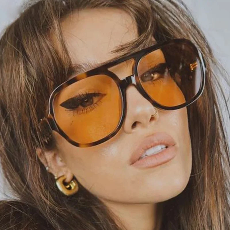 Fashion Pilot Oversized Sunglasses Woman Personality Double Bridges Sun Glasses Female Retro Leopd Orange Mirror_voghion.com
