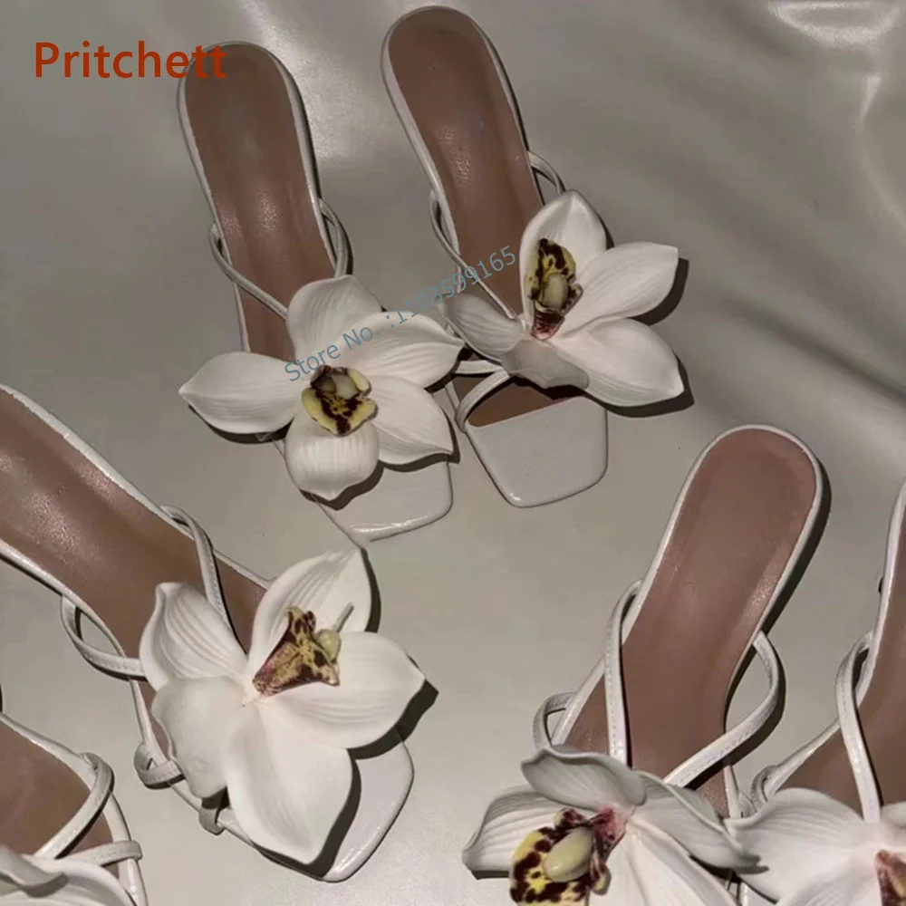 Flower Kitten Heels Slippers Square Toe Slingback Slip On Twist Stiletto Shoes Mixed Color Summer Lovely Vocation Party Shoes