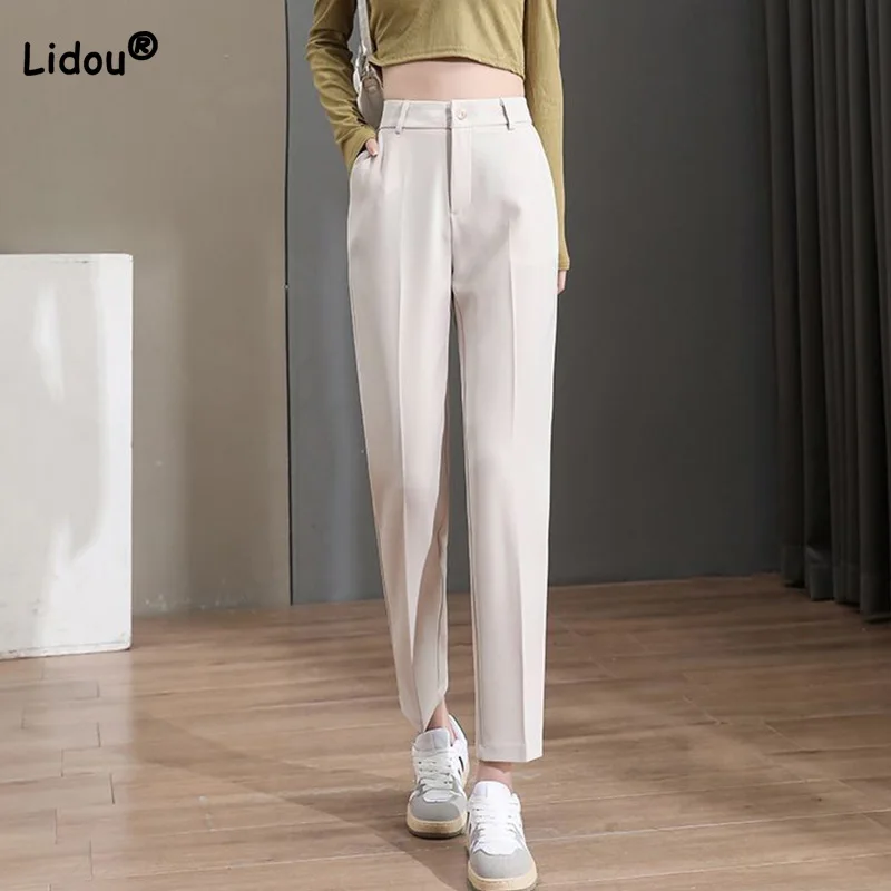 Spring Autumn Button High Waist Nine Points Trousers Womens Versatile Office Lady Zipper Pockets Off White/black Straight Pants spring autumn button high waist nine points trousers womens versatile office lady zipper pockets off white black straight pants