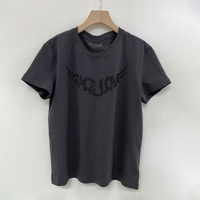 

Zadig Grey Cotton T-Shirt Women Summer Crew Neck Tees Peace & Love Wings Rhinestones T-Shirts Youth Short Sleeve Tops Female