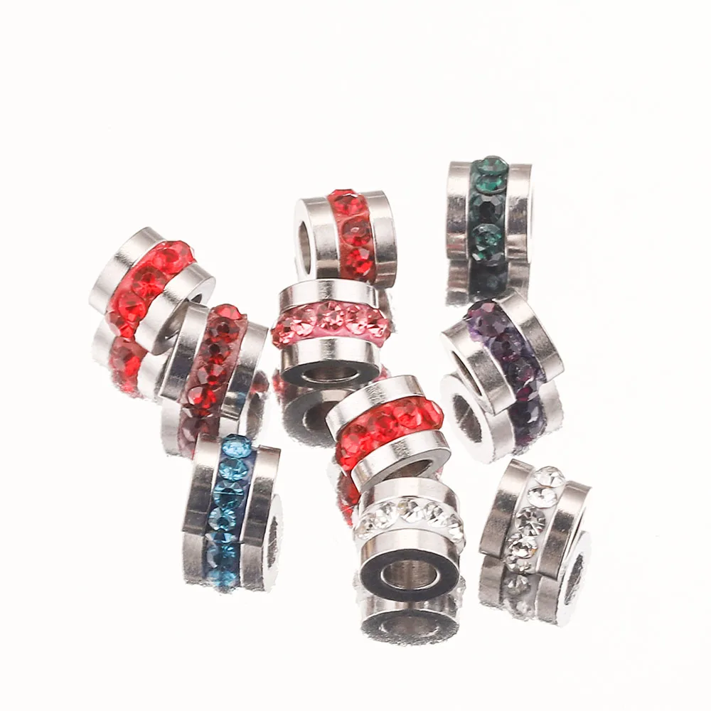 10pcs 6mm 구멍 3mm 지르콘 팔찌 비즈 스테인레스 스틸 매력 느슨한 스페이서 구슬 DIY 팔찌 쥬얼리 액세서리 만들기