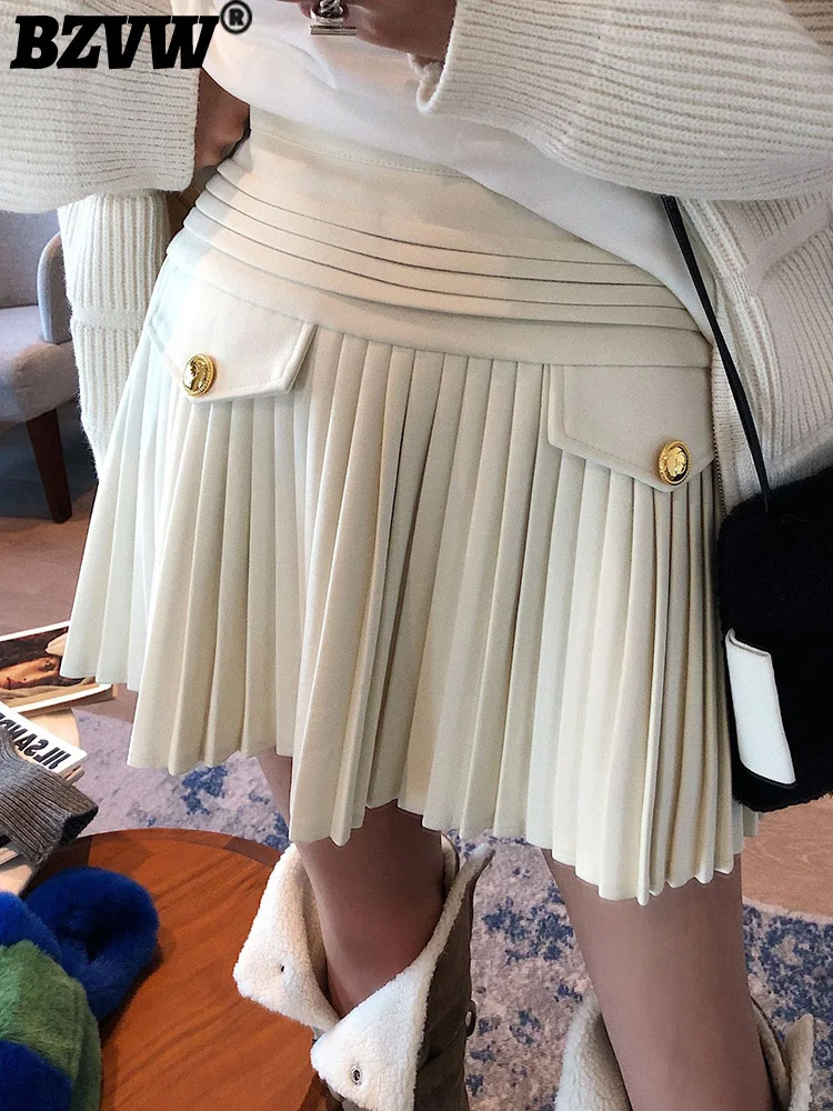 

BZVW Pleated High Waist A-line Skirt Women's 2023 Autumn Winter New Trend Fashion Folds Short Skirts Versatile Designer Female