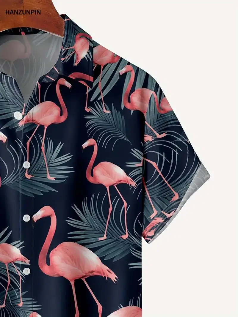 Flamingo Print Hawaiian Men's Shirt Ideal for Summer Vacations and Vacation Wear Men's Casual Short Sleeve Oversized Tops 4