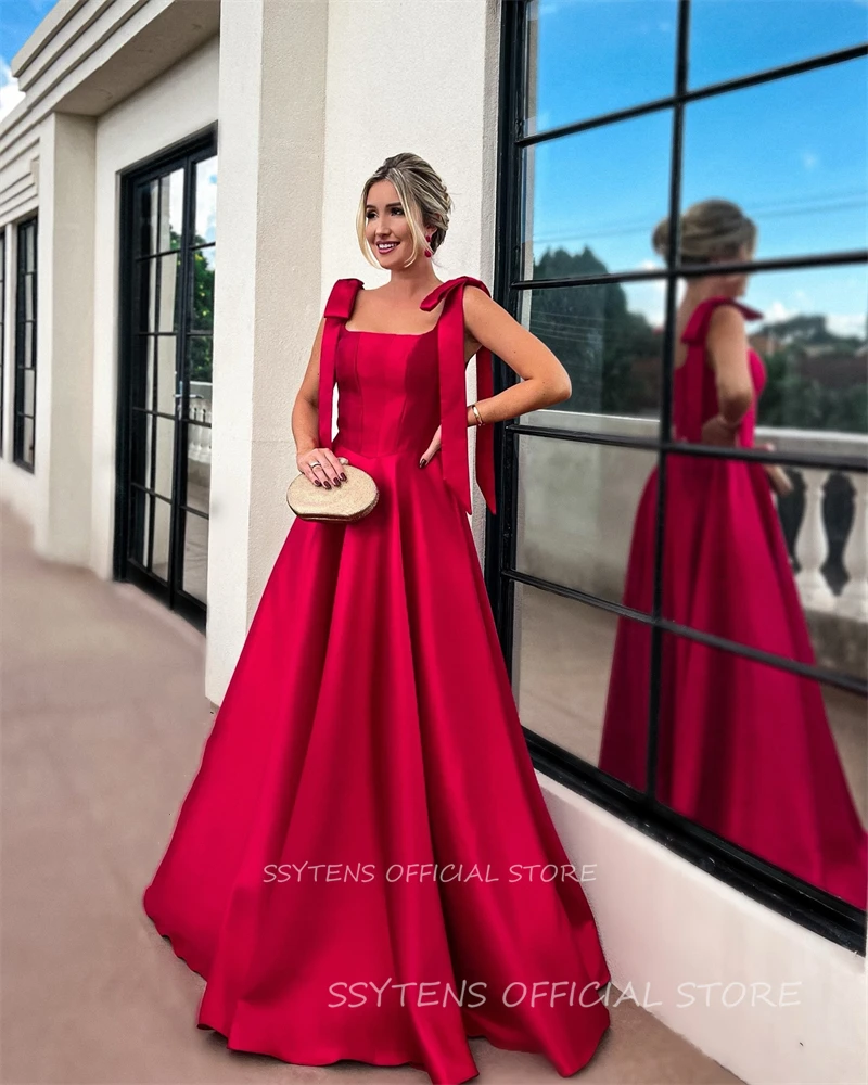 Elegant Red Celebrity Evening Dresses Long Women Plus Size Party Gowns Straps With Bow