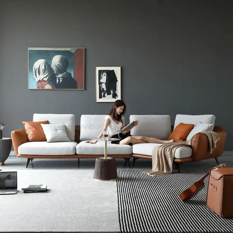 Light Luxury High-End Living Room Fabric Curved Sofa Italian Minimalist Corner Chaise Lounge L-Shaped Sofa Combination Furniture