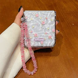 Korean Floral Flowers Transparent Phone Case with Pink Bead Chain - Mix Flip 2 (A)