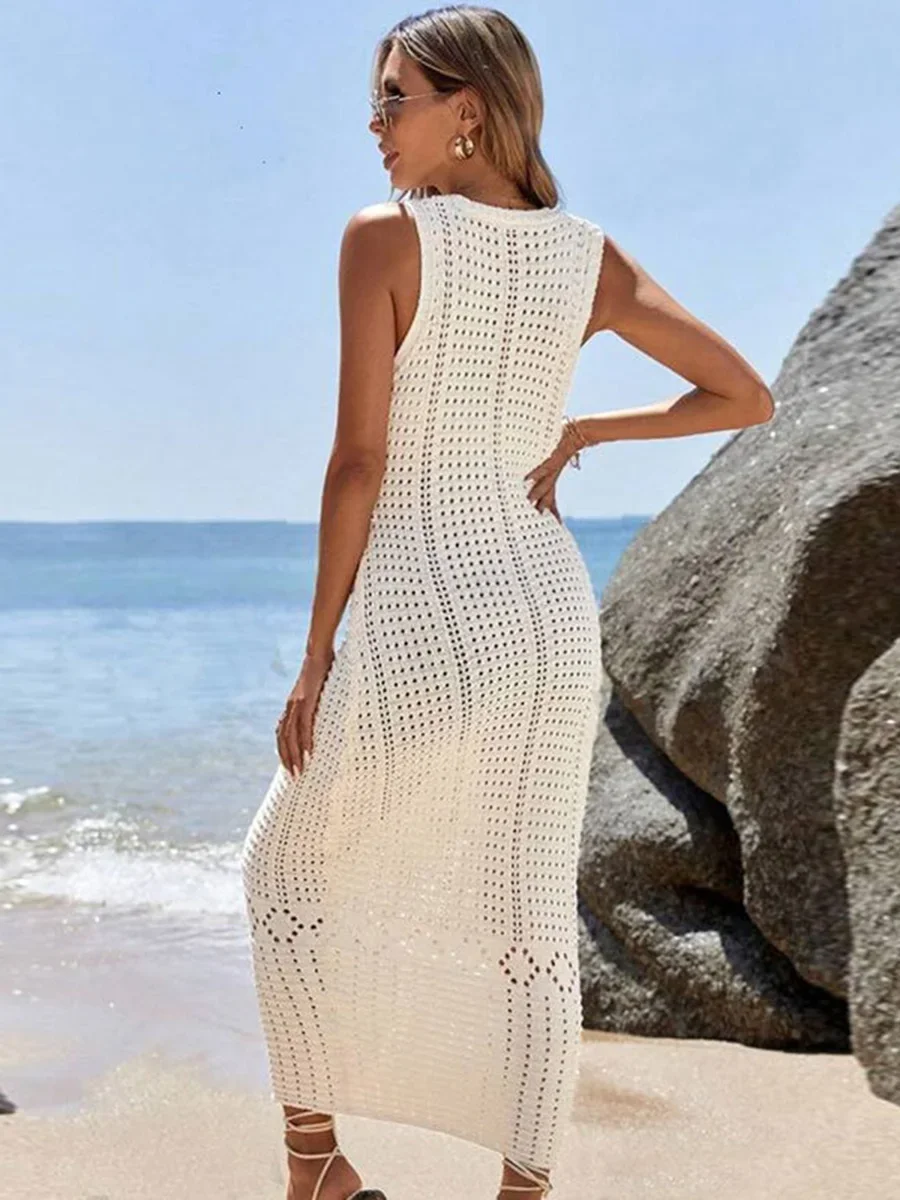 S - XL 2025 V Neck Hollow Out Crochet Knitted Tunic Beach Cover Up Long Cover-ups Beach Dress Beach Wear Beachwear Female Women 5