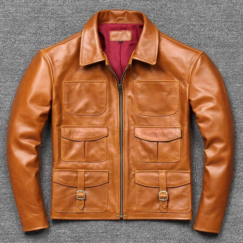 

Fast shipping,men's Oil wax cowhide leather jacket top quality calf spring autumn large size retro trip warm coat