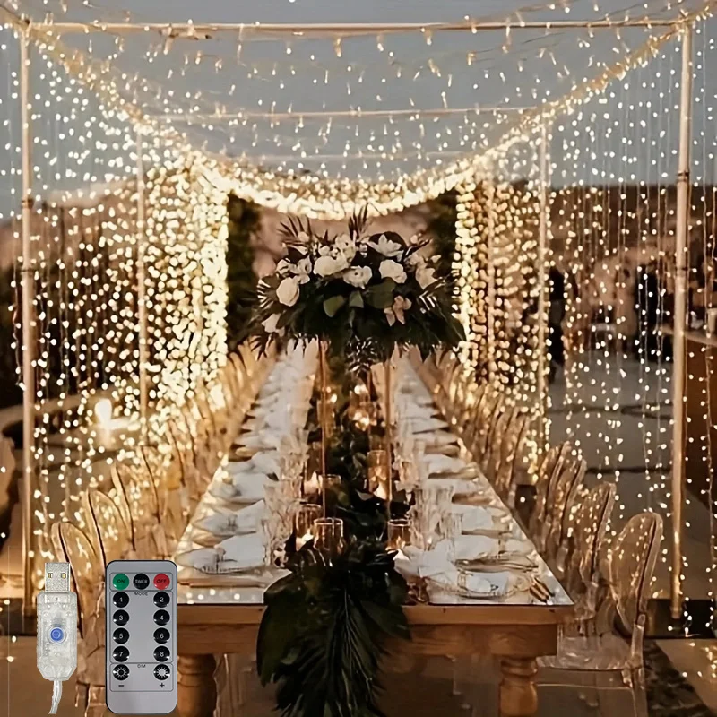 Holiday LED Curtain Light String USB Powered 8 Modes Christmas New Year Party Lights Home Wedding Birthday Room Decor Aesthetic