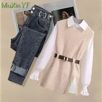 2026 Spring New Korean Elegant in Matching Set Women's Fashion Knitted Vest+Shirt+Jeans Three Piece Female Chic Denim Pants Suit - Image 5