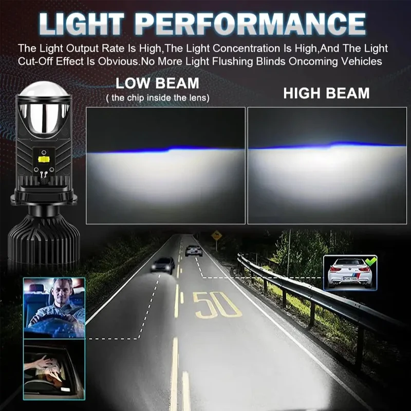 Y6D H4 LED Projector Headlight Projector Lens with Fan Cooling 90W Automobile Hi Lo Beam Bulb 12V 6000K Bi LED Lens Projector