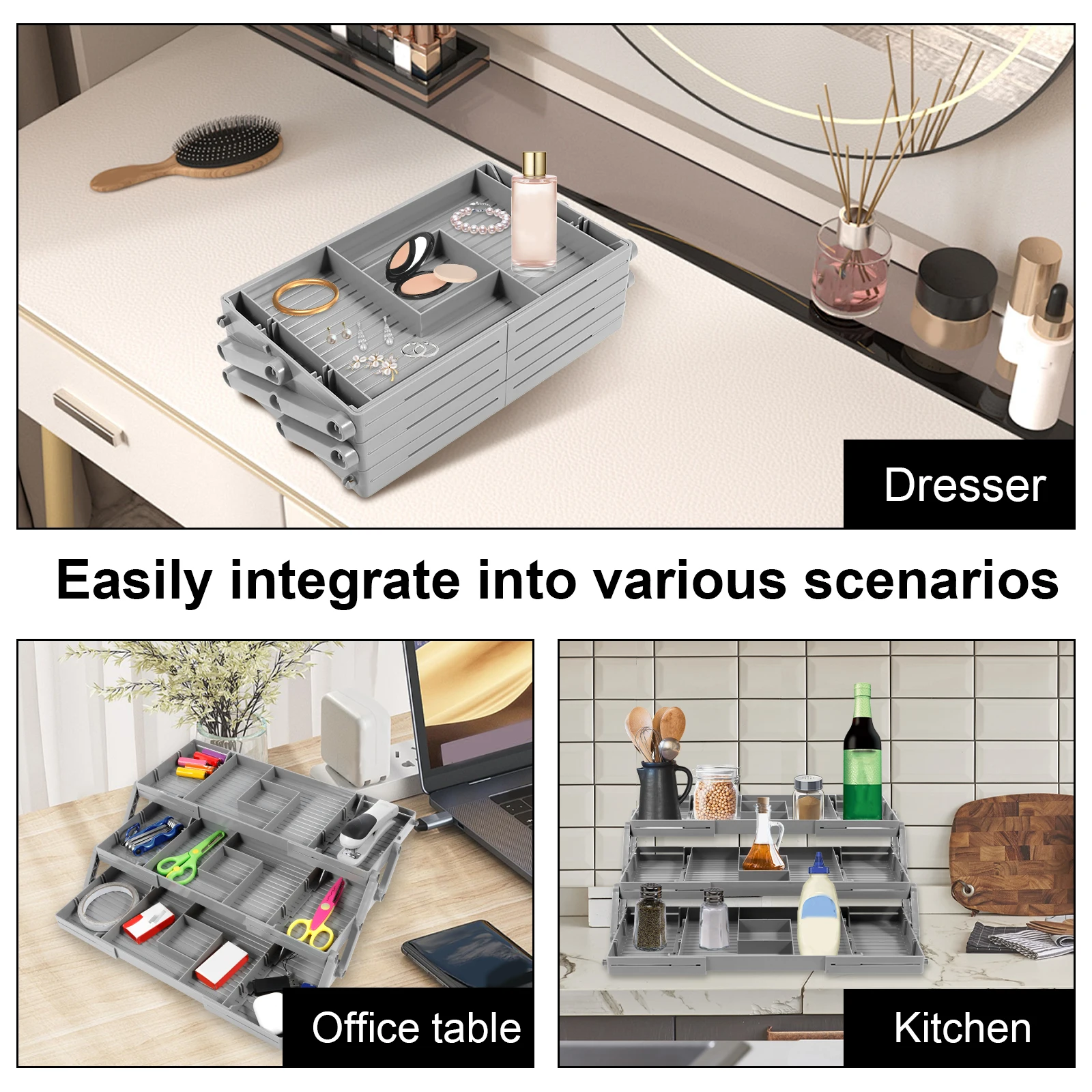 2/3 Tier Drawer Organizer Storage Tray Expandable Drawer Organizer Plastic Multi Level Folding Desk Jewelry Storage Organizer 3